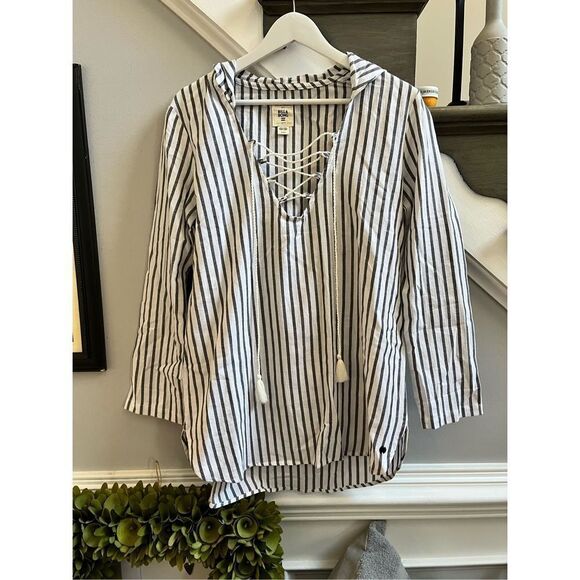 Billabong Gray & White Striped Lace Up Hooded Tunic Top Cover Upsz M NWOT - Picture 1 of 6